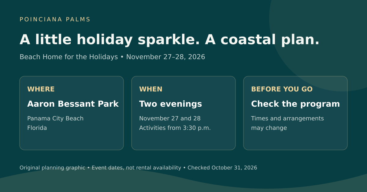 Planning graphic showing Beach Home for the Holidays on November 27 and 28, 2026 at Aaron Bessant Park. Event dates are not rental availability.